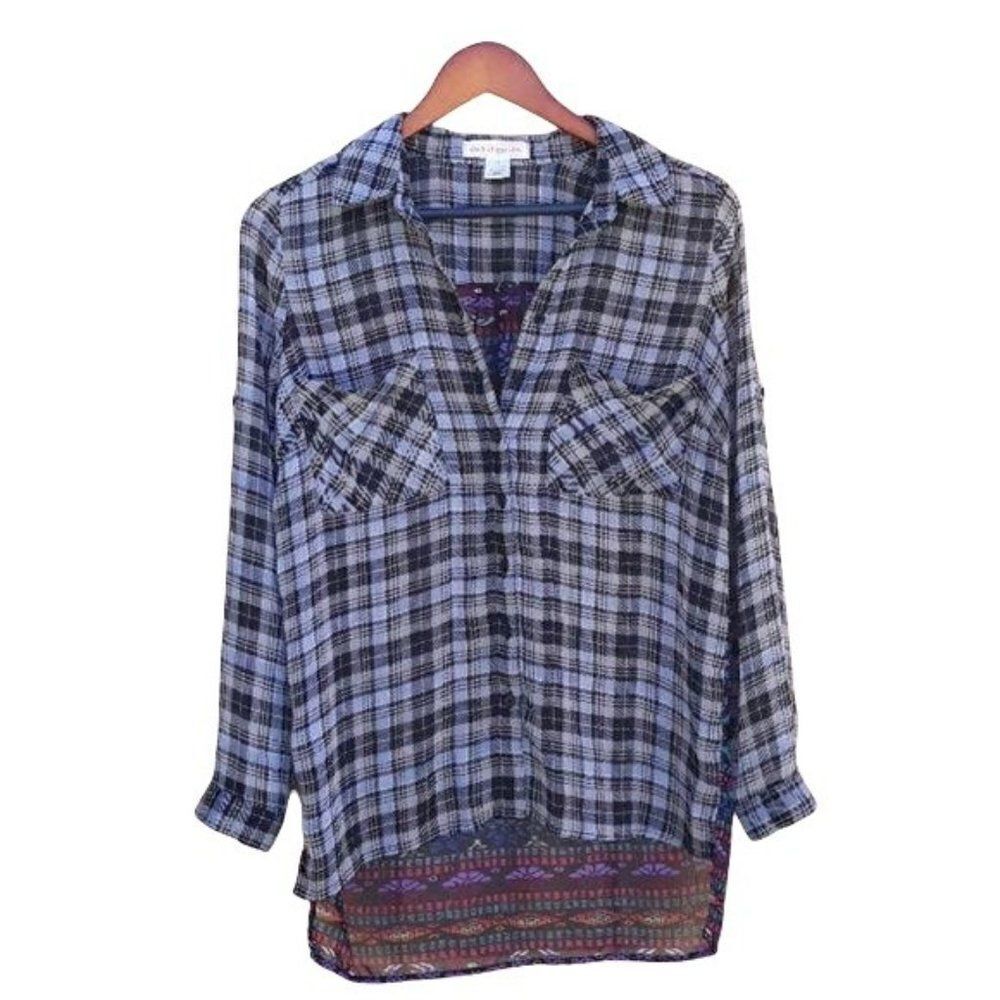 Band of Gypsies Top Sheer Plaid‎ Aztec Back Button Up Tab Sleeve Oversized Sz XS